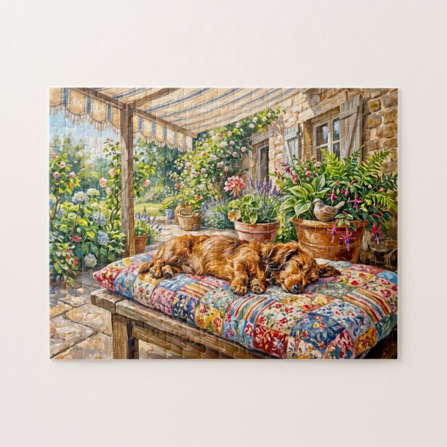 Dachshund Resting on Patchwork Garden Bench Jigsaw Puzzle (Horizontal)