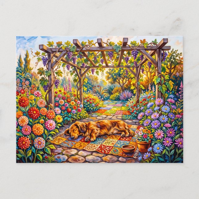 Dachshund Resting Under Floral Garden Pergola Path Postcard (Front)