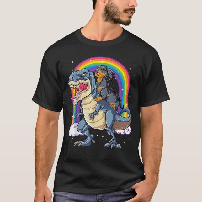 Dachshund Riding Dinosaur T rex Gifts Boys Kids Me T-Shirt (Front)