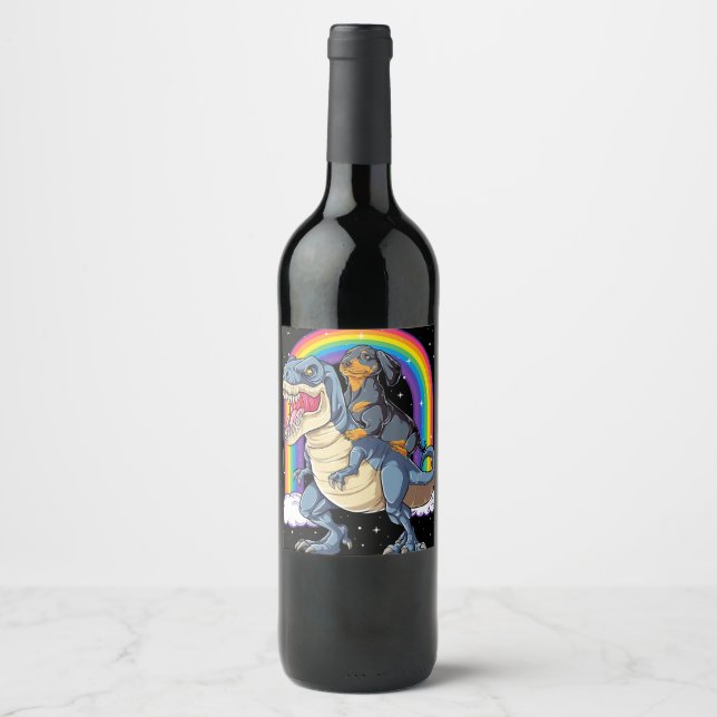 Dachshund Riding Dinosaur T Rex Gifts Boys Kids Me Wine Label (Front)