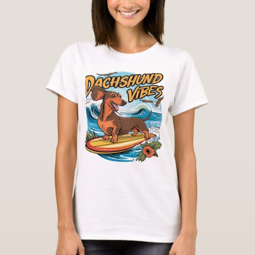 Dachshund Riding Surfboard Surfing T_Shirt