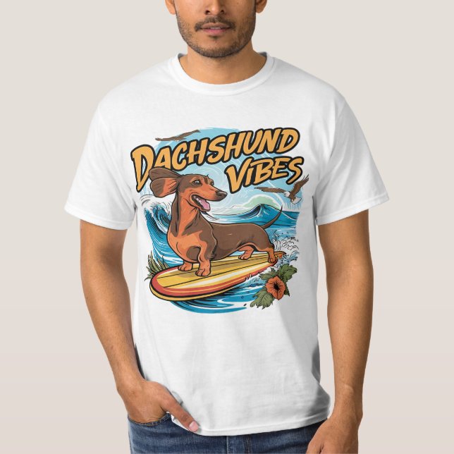 Dachshund Riding Surfboard Surfing T-Shirt (Front)