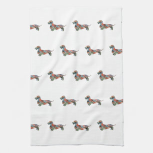 Dachshund Rough Coated Geo Silhouette Plaid Kitchen Towel