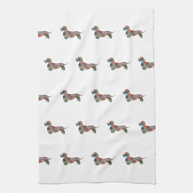 Dachshund Rough Coated Geo Silhouette Plaid Kitchen Towel (Vertical)