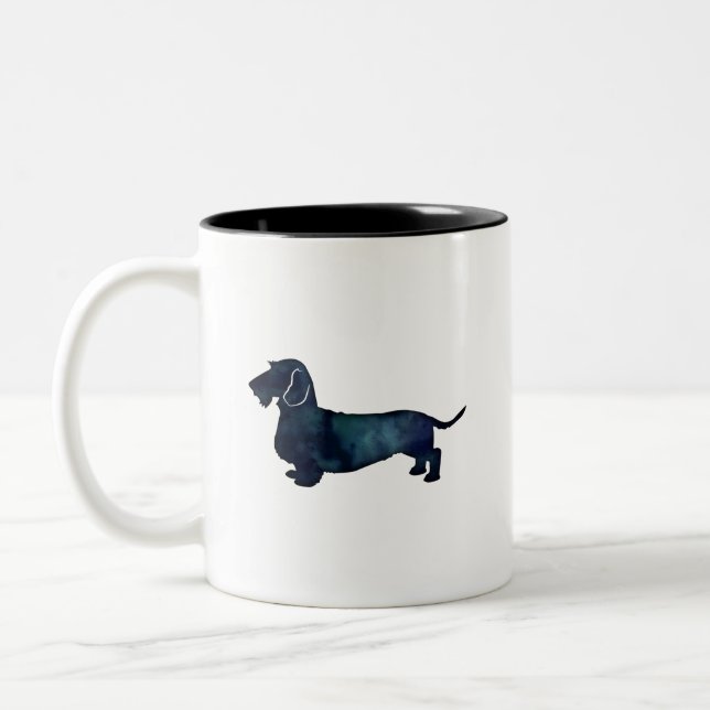 Dachshund Rough Coated Silhouette Watercolor Two-Tone Coffee Mug (Left)