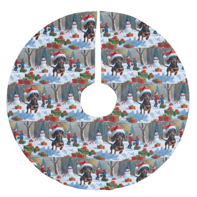 Dachshund Running in Snow with Christmas Hat Brushed Polyester Tree Skirt (Front)