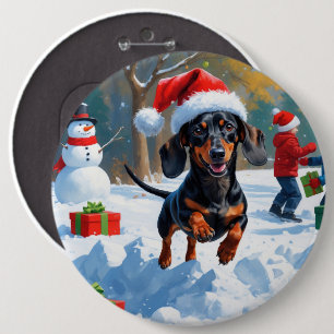 Dachshund Running in Snow with Christmas Hat Button