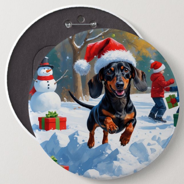 Dachshund Running in Snow with Christmas Hat Button (Front & Back)
