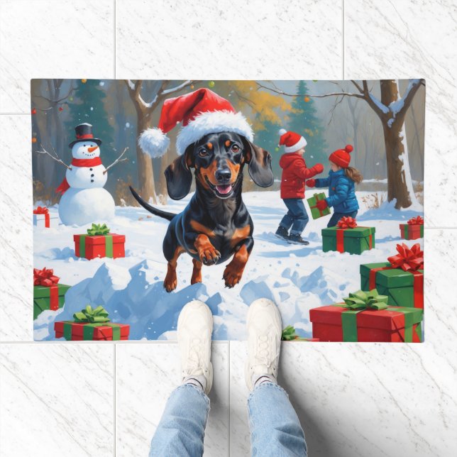 Dachshund Running in Snow with Christmas Hat Doormat (Indoor)