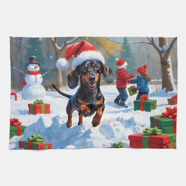 Dachshund Running in Snow with Christmas Hat Kitchen Towel (Horizontal)