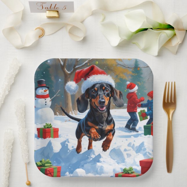 Dachshund Running in Snow with Christmas Hat Paper Plates (Wedding)