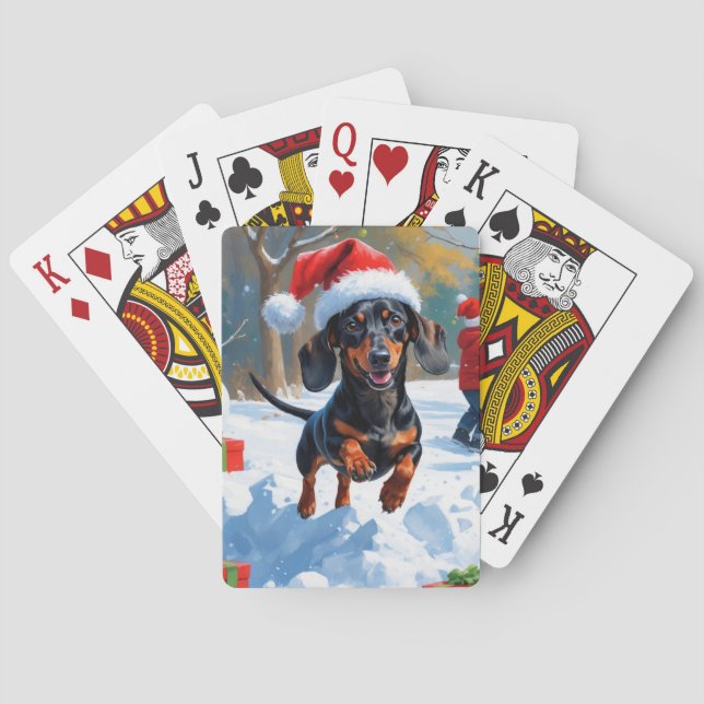Dachshund Running in Snow with Christmas Hat Poker Cards (Back)