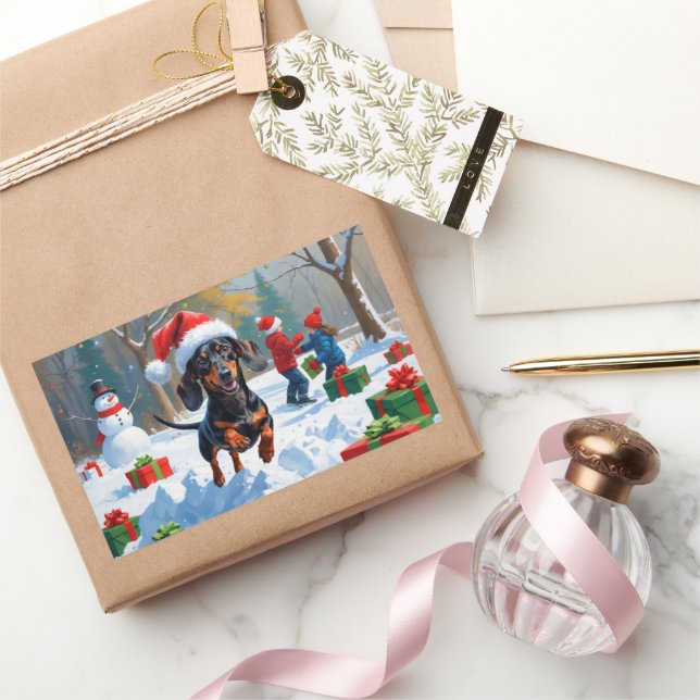 Dachshund Running in Snow with Christmas Hat Rectangular Sticker (Gifting)