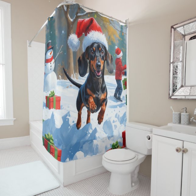 Dachshund Running in Snow with Christmas Hat Shower Curtain (In Situ)