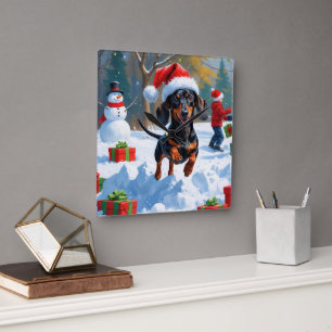 Dachshund Running in Snow with Christmas Hat Square Wall Clock