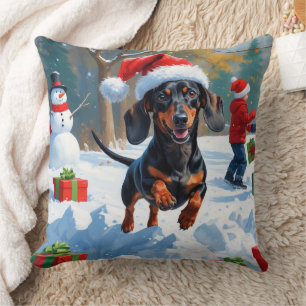 Dachshund Running in Snow with Christmas Hat Throw Pillow