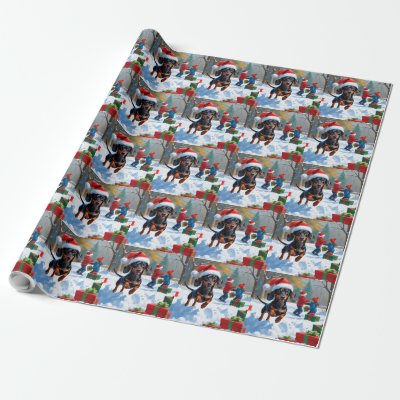 Dachshund Running in Snow with Christmas Hat Wrapping Paper