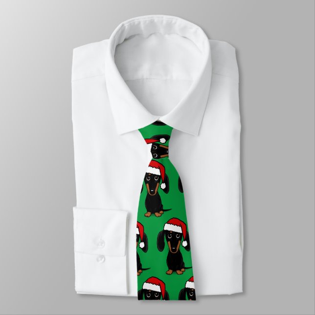 Dachshund Santa Black and Tan Wiener Dog Christmas Neck Tie (Tied)