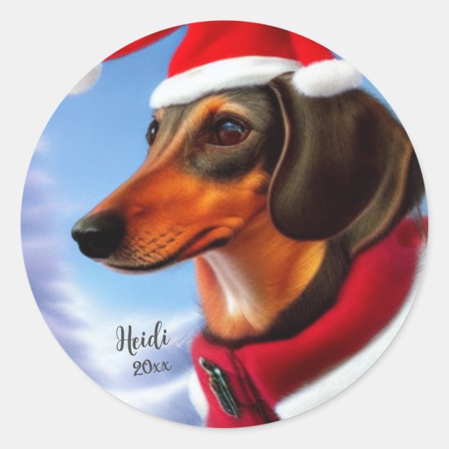 Dachshund, Santa Dog, Personalize,Christmas Classic Round Sticker (Front)