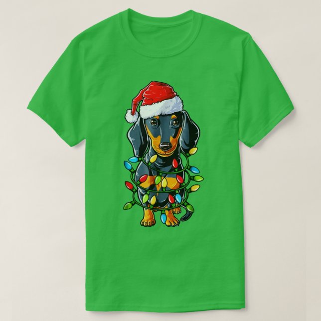 Dachshund Santa Hat Christmas Lights Happy Holiday T-Shirt (Design Front)