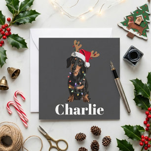 Dachshund Santa Hat Christmas Lights Name Design Holiday Card