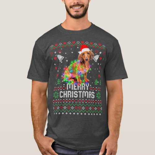 Dachshund Santa Hat Dog Christmas Tree Lights Holi T_Shirt