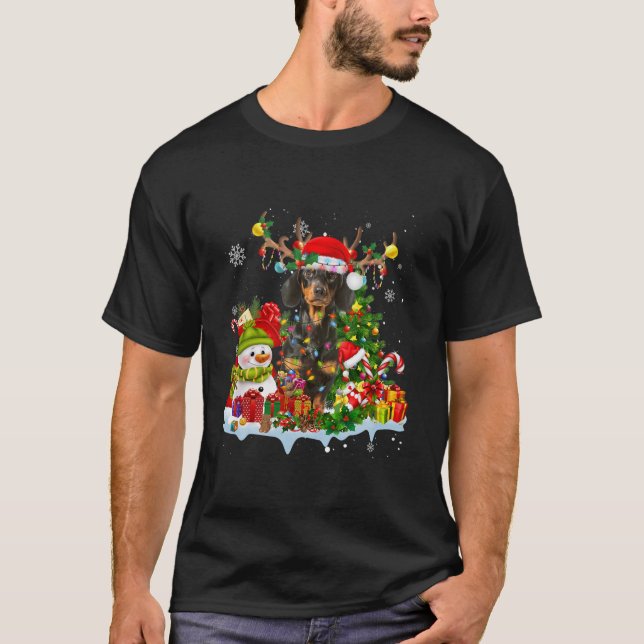 Dachshund Santa Hat Reindeer Christmas Lights T-Shirt (Front)