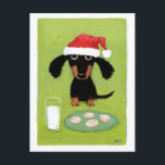 Dachshund Santa Holiday Funny Wiener Dog Christmas<br><div class="desc">Funny art illustration of a black and tan Dachshund wearing a Santa hat and sitting in front of a glass of milk and a plate of frosted holiday cookies. A perfect holiday postcard for pet services to customize and send to customers, friends and clients. Great for veterinarians, pet sitters and...</div>