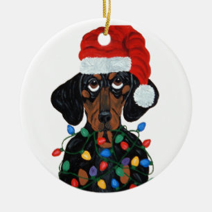 Dachshund Santa Tangled In Christmas Lights Ceramic Ornament