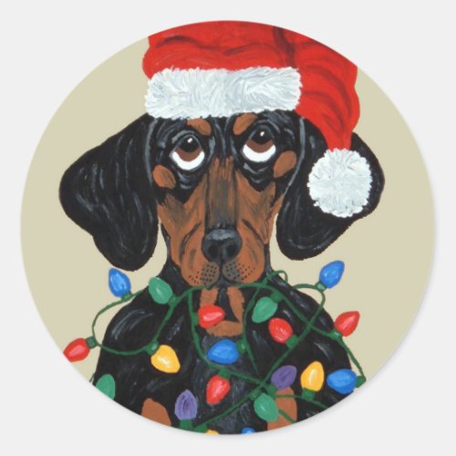 Dachshund Santa Tangled In Christmas Lights Classic Round Sticker
