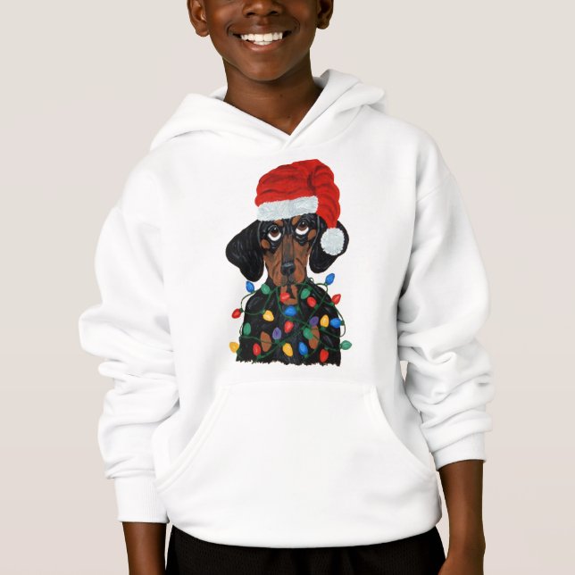 Dachshund Santa Tangled In Christmas Lights Hoodie (Front)
