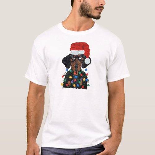 Dachshund Santa Tangled In Christmas Lights T_Shirt