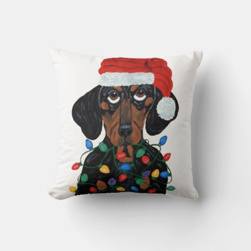 Dachshund Santa Tangled In Christmas Lights Throw Pillow