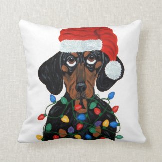 Dachshund Santa Tangled In Christmas Lights Throw Pillow