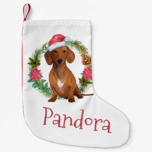 Dachshund Santa watercolor wreath hat DIY name Sma Small Christmas Stocking