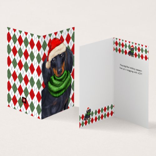 Dachshund Santa with Seasonal Plaid Holiday Card