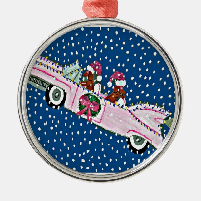 Dachshund Santas Christmas Pink Cadillac Metal Ornament (Front)