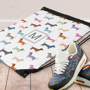 Dachshund Sausage Dog Pattern Colorful Monogrammed Drawstring Bag