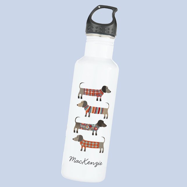 Dachshund Sausage Dog Personalized Stainless Steel Water Bottle (Fun personalized custom script name Dachshund Wiener Sausage Dog stainless steel water bottle)