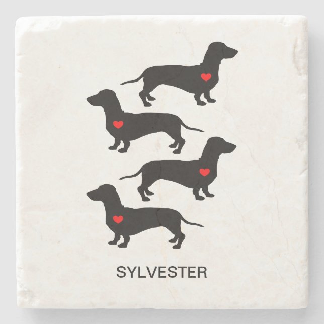 Dachshund Sausage Dog Red Heart Custom Name Stone Coaster (Front)