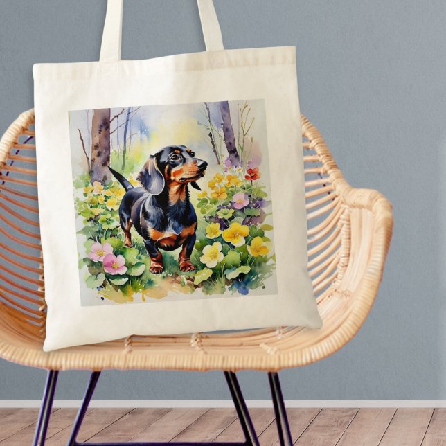 Dachshund Sausage Dog Woodland Primrose Flowers Tote Bag (A tote bag with picture of an adorable dachshund walking in woodland with colorful primrose flowers)