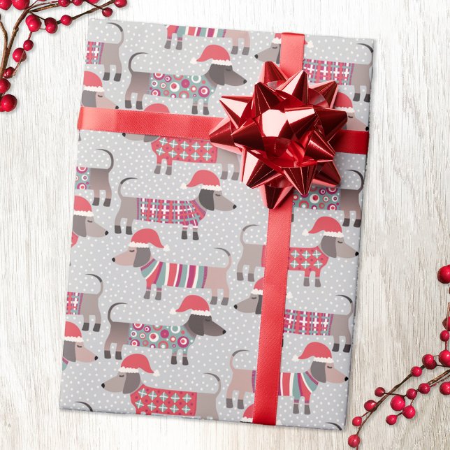 Dachshund Sausage Dogs in Christmas Hats and Knits Wrapping Paper (Fun Christmas Dachshund Wiener Sausage dog pattern holiday wrapping paper.)