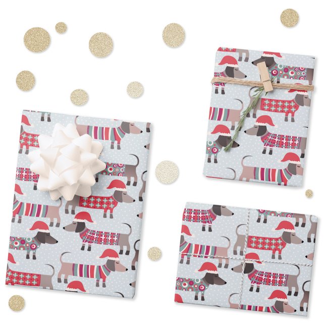 Dachshund Sausage Dogs in Christmas Hats and Knits Wrapping Paper Sheets (Fun Christmas Dachshund Wiener Sausage dog pattern holiday gift wrapping paper sheets)