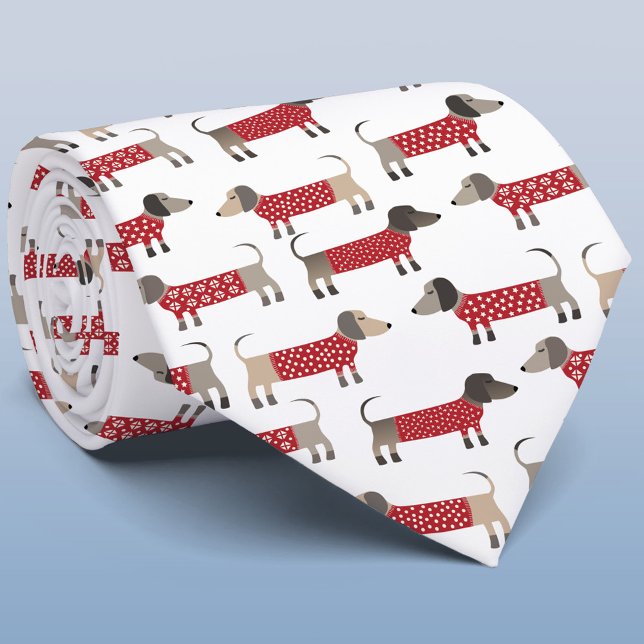 Dachshund Sausage Wiener Dog Holiday Neck Tie (Festive Dachshund Sausage Wiener Dogs in red and white knitwear on a tie )