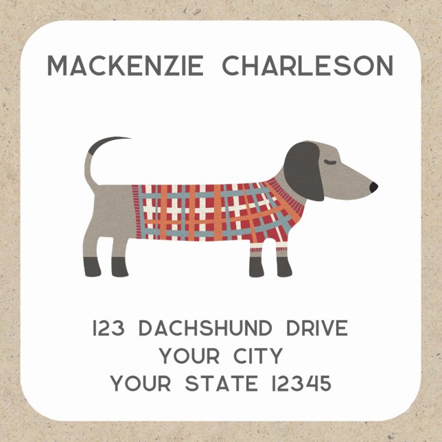 Dachshund Sausage Wiener Dog Personalized Address Square Sticker (Fun Dachshund Wiener Sausage Dog personalized return address label sticker)