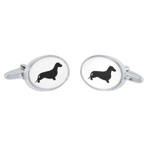 Dachshund silhouette black + your ideas silver cufflinks