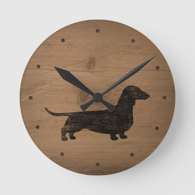 Dachshund Silhouette Rustic Style Round Clock (Front)