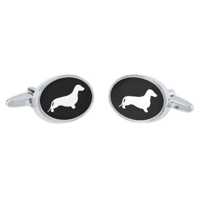Dachshund silhouette white + your ideas cufflinks (Angled)