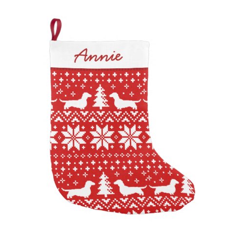 Dachshund Silhouettes Pattern Red and White Cute Small Christmas Stocking