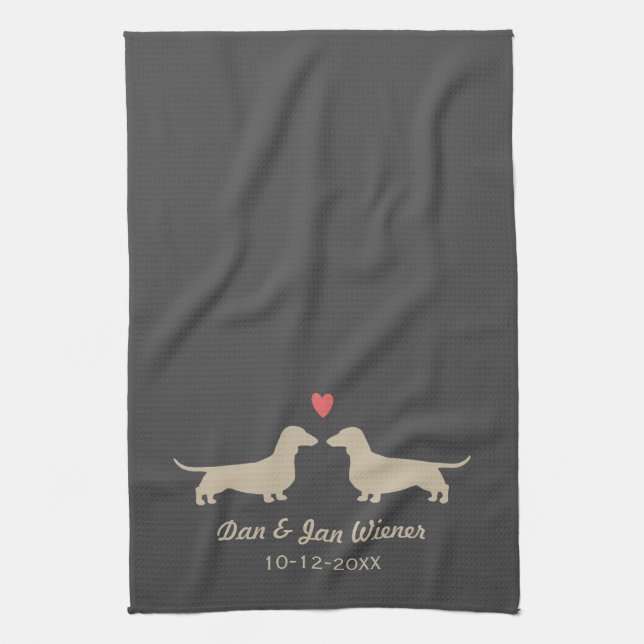 Dachshund Silhouettes with Heart Custom Wedding Kitchen Towel (Vertical)